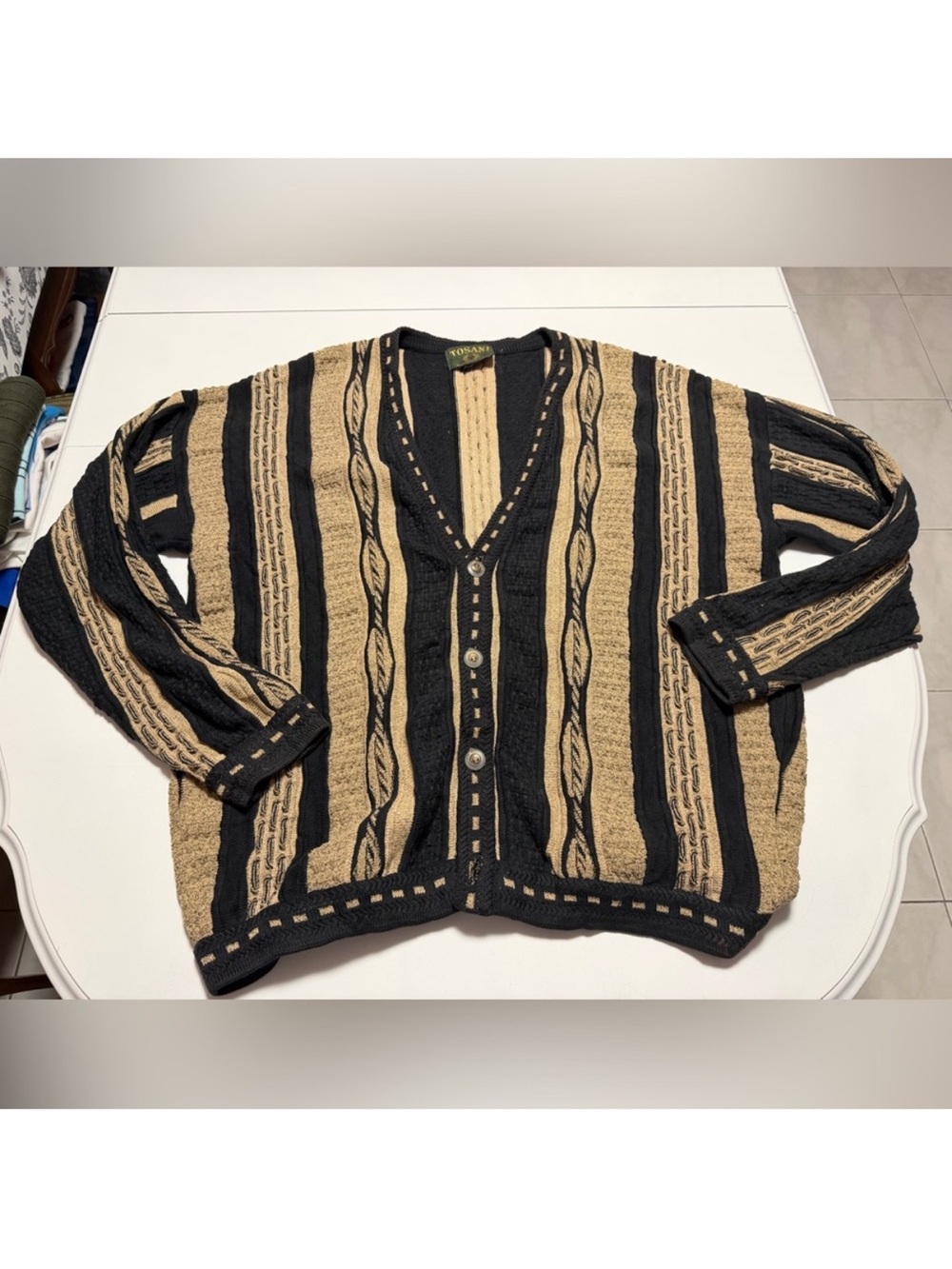 Tosani Coogi style Vintage Black & Tan Striped Men’s Cardigan Sweater